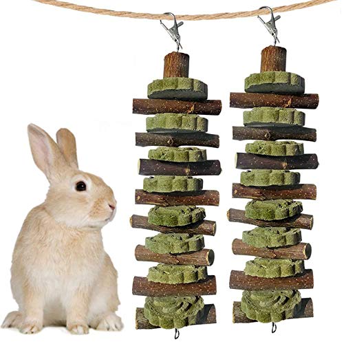 kathson 2PCS Bunny Chew Toys for Teeth Grinding, Chinchilla Treats Organic Bamboo Sticks Natural Fruitwood Branches for Rabbits Guinea Pigs Hamsters (Fruitwood Sticks+Alfalfa Cakes) - size: 2 Count (Pack of 1)
