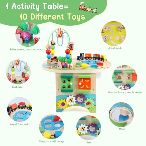 Activity Table for 1 Year Old Montessori Educational Learning Toys for 1 2 Year Old Girls Boys Toddlers Baby 12-18 Months 1st First Birthday Gifts 10 in 1 Wooden Bead Maze Sensory Center Toys