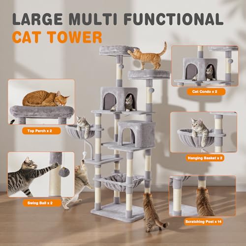 DUMOS Tall 71 inch Cat Tree Tower with Scratching Posts, Multi Level - color: Light Grey, size: 71×21.3×17.3IN