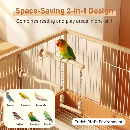 Bird Perch and Swing for Small Birds, Natural Wood Cage Accessories - size: Short