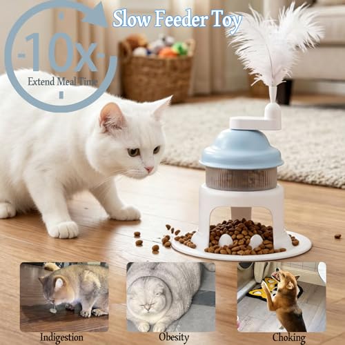 Cat Slow Feeder Toy with Feather Teaser, Interactive Puzzle Feeder for Cats, Mental Stimulation Foraging Toy, Suitable for Dry & Wet Food(Yellow) - color: Yellow