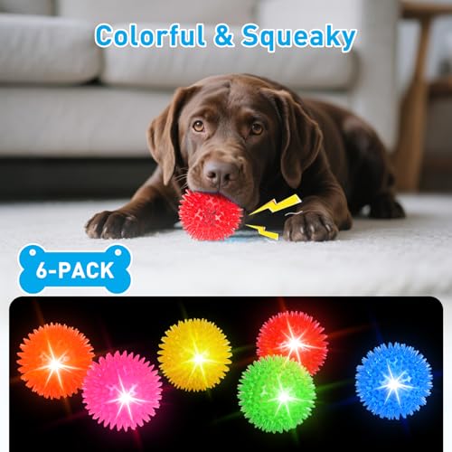 Novkin 6 Pack 2.5" LED Light Up Dog Balls, Squeaky Spiky Dog Toys for Aggressive Chewers, Durable Glow in The Dark Interactive Fetch Balls for Small Medium Large Dogs, Floating & BPA Free Non-Toxic - size: 2.5''