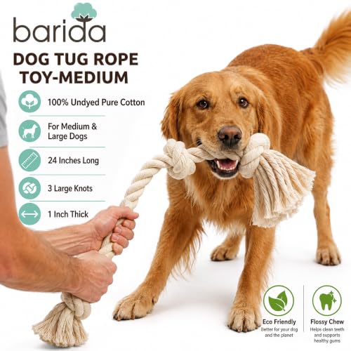 Barida Natural White Cotton Tough Dog Rope Toy for Medium & Large Dogs. Non Toxic and Premium Rope Toys for Dogs. - size: Medium (23.60")