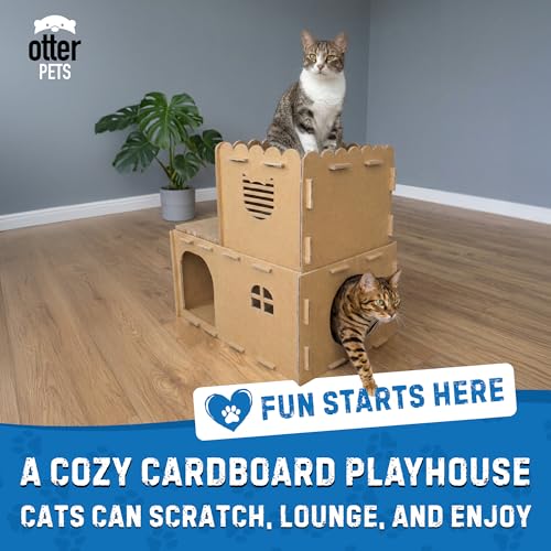 OtterPets Cardboard Cat House, 2-Level Cat Scratcher with 2 Scratch Pads