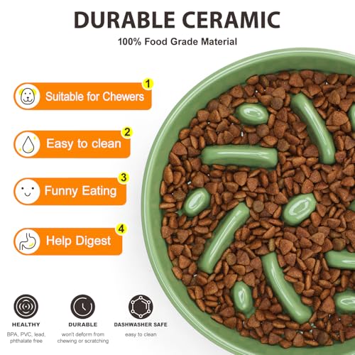Ceramic Slow Feeder Dog Bowl, 2 Cups Maze Puzzle Dish to Slow Down Eating - color: Maze - Green