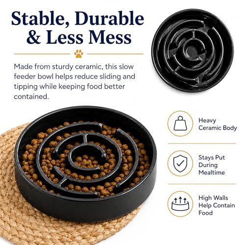 Ceramic Slow Feeder Dog Bowl, 1.5 Cup Puzzle Dish for Small Medium Dogs - color: Ceramic-Black