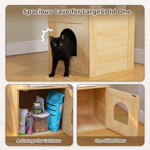 PEQULTI 57.5" Cat Tree with Litter Box Enclosure, Wood Cat Condo, Beige - color: Beige, size: XL(18.9"L x 18.9"W x 57.5"H)