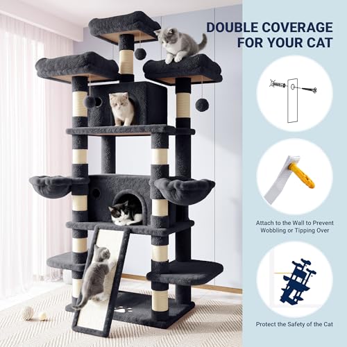 Allewie 82 Inches Large Cat Tree/House/XXL Tall Cat Towers for Big Feline/Scratching Post/Multi-Level Large Kitty Climbing Tree with Condo/Smokey Grey - color: Smoky Grey, size: 82 in