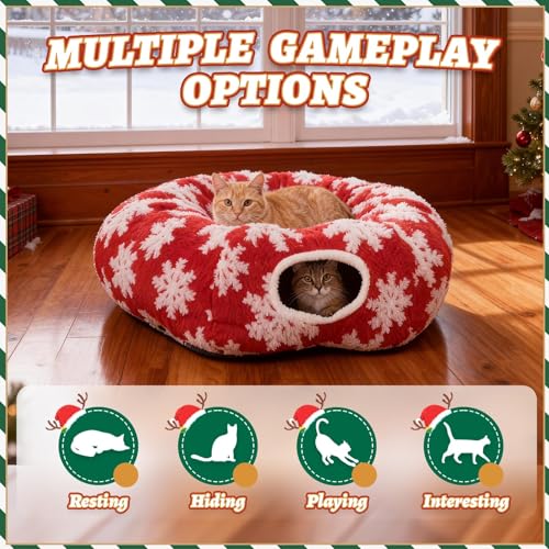 Cat Tunnel Christmas Tree Skirt, Foldable Peekaboo Donut Cave Bed - color: Red