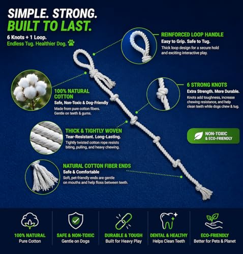 51" Extra Long Dog Rope Tug Toy with Loop Handle – 6-Knot Cotton Rope for Training, Tug-of-War & Interactive Play, Durable for Medium & Large Dogs, Indoor & Outdoor, Washable, White - size: XX-Large (51")