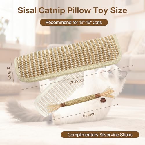 2 Pack 13.4 inch Sisal Pillow Catnip Toy for Cats with Silvervine Sticks, Cat Toys with A+ Organic Catnip Interactive Kicker Toy Scratch-Resistant Safe Chew Toy Teeth Cleaning for Indoor - size: 13.4 Inch x 3.7 Inch