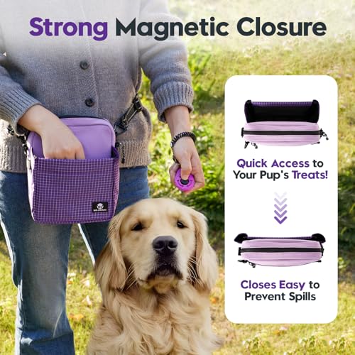 Dog Treat Pouch for Training, Magnetic Dog Walking Bag and Fanny Pack - color: Purple