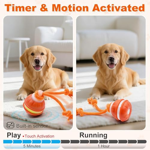 Interactive Dog Toys, Automatic Rolling Ball, Squeak Dog Toys for Boredom Interactive, Touch Activated, Dog Ball Chew Toy with Fun Rope for Small/Medium Dog Cat Indoor/Outdoor (Orange) - color: Orange