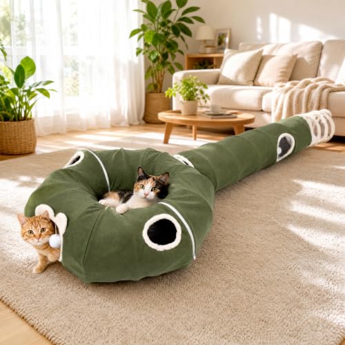 Ownpets 2-in-1 Cat Tunnel Large Lollipop 12"D Collapsible Cave Plush, Green - color: Green