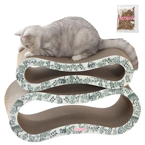 CSR1014F Suvi 26" Modern Cardboard Infinity 2-in-1 Lounge Bed Cat Scratcher with Catnip, Garden Cats - color: Green/Cream