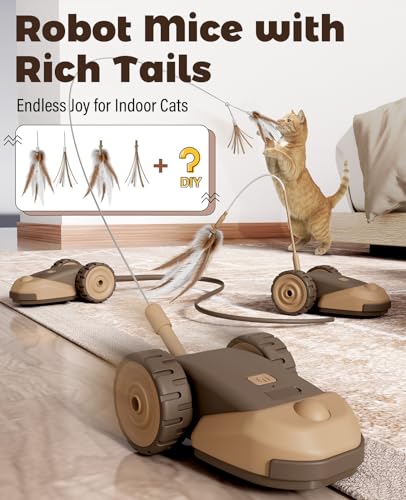 CYROS 3-in-1 Interactive Cat Toy - 2-Speed Automatic Moving Mouse Cat Toys Self Play with 2pcs Hanging Feather String Ribbon and Wiggly Silicone Mice Tail for Bored Indoor Adult Cats Kittens - color: Brown