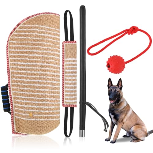 Leyndo 4 Pcs Dog Training Sleeve Set with Tug Pillow Stick Ball, Red - color: Red