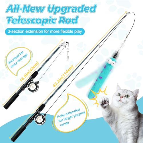 Pawaboo Cat Teaser Wand Toys, Cat Fishing Pole Toy with 3 PCS Feathers - color: Plush-Blue