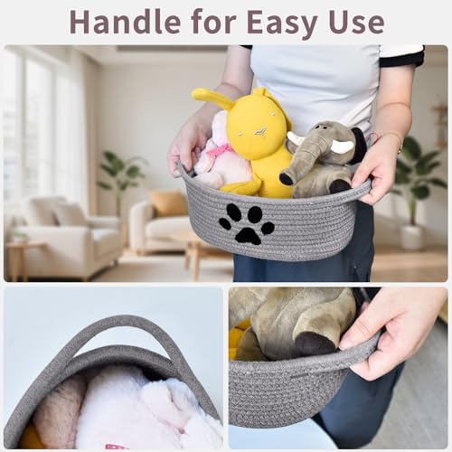 Small Woven Dog Toy Basket with Handle, Cute Paw - color: Grey