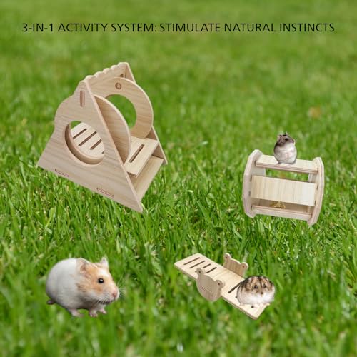 Poplar Wood Hamster Toys Set: Triangle Swing, Frog Seesaw & Bell Roller - Chewable Cage Decor for Dwarf/Syrian Hamsters, Gerbils, Mice (秋千、响铃、跷跷板、)