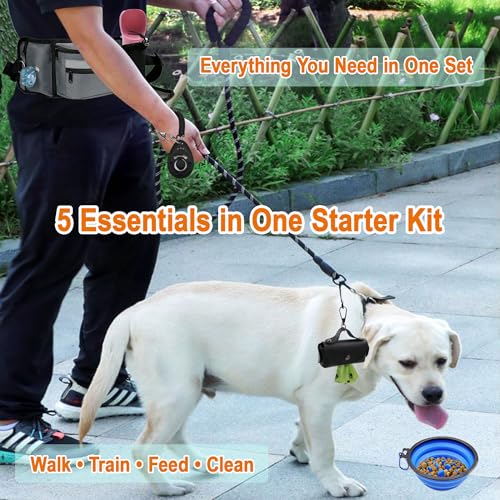 Puppy Starter Kit for New Dog Owners, 5-Piece Dog Starter Set with Reflective Leash, Clicker, Whistle, Collapsible Slow Feeder Bowl and Poop Bag Holder, Essentials for Daily Walks and Training