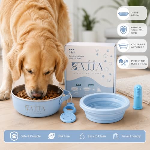 Blue Collapsible Travel Dog Bowl – BPA-Free Silicone & 18/8 Stainless Steel, Portable Non-Slip Food & Water Bowl with Handle, Bottle/Poop Bag Holder – Claim Your - color: Blue Bowl
