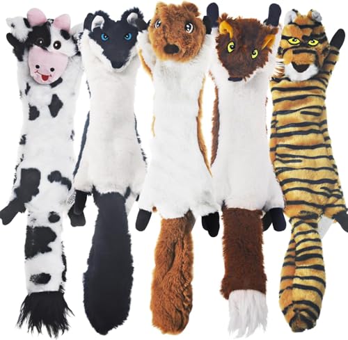 SHARLOVY Dog Squeaky Toys 5 Pack, Pet Crinkle Toy No Stuffing Animals Plush - color: 5 Pack, size: Large