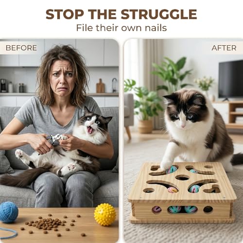 EIODEAR Cat Nail File Scratcher with 5 Sandpaper Pads, 4 Bell Balls, 8 Screw, Solid Wood Cat Scratch Puzzle Enrichment Box Nail Filer Box Toy to File Nails, Cat Treat Box for Treat-Motivated Cats