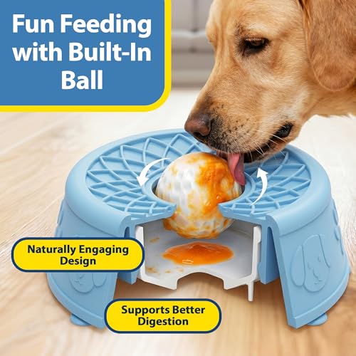 Slow Feeder Dog Bowls with Rolling Ball & Lick Mat for Dogs, Interactive Dog Enrichment Toy, Anti-Slip Puzzle Feeder for Yogurt, Bone Broth & Wet Food, Slow Eating Bowl for Small, Medium & Large Dogs - color: Light Blue