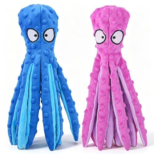 HGB Squeaky Dog Toys No Stuffing Octopus Crinkle for Large Medium Small Dog - color: Octopus Purple & Blue