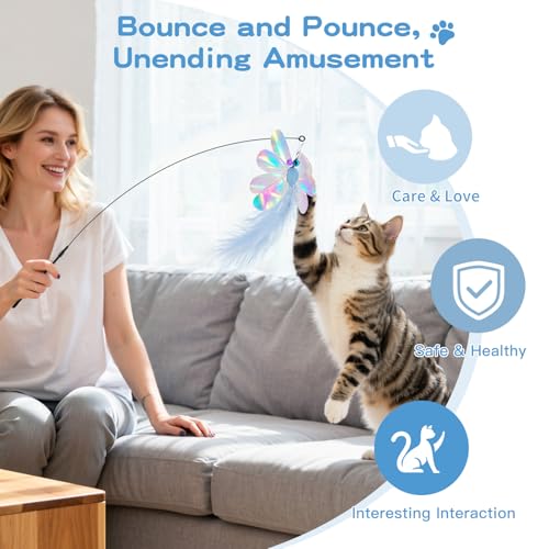 Pawaboo Cat Feather Wand Interactive Toy, 2 Feathers + 1 Wand with Bell - color: Blue Butterfly