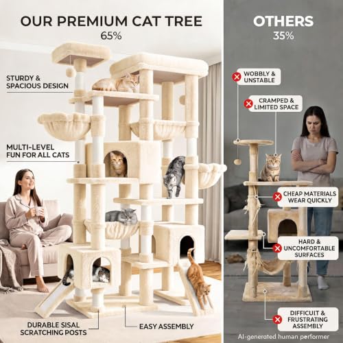 SHA CERLIN 87 in Multi-Level Tall Cat Tree Tower for Large Cats/Extra Wide Feline Activity Center/Sisal Scratching Posts/Wide Base/Cozy Plush Perches/Baskets/Hammocks/Toy Balls/Beige - color: Beige
