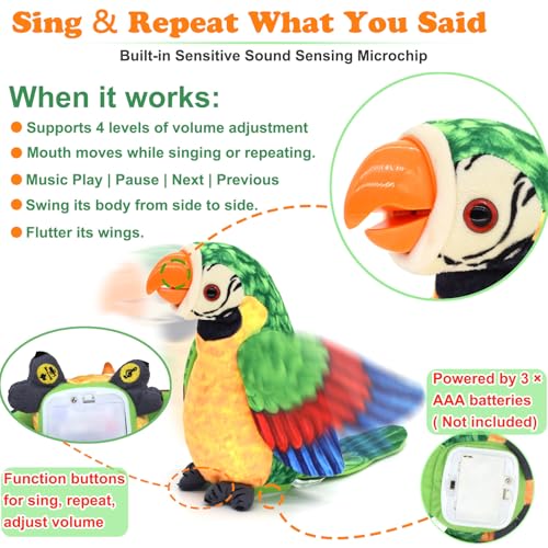 Talking Parrot Toy for kids - Moving Beak, 4-Level Volume Control, 30 Songs