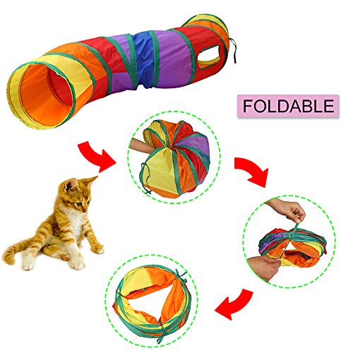 Andiker Cat Tunnel, S-Shape Cat Tube Collapsible Kitten Play Toy with 2 Side Holes for Kitten Exercising Hiding Training and Running Cats Toy for Indoor Cats(Multi-Colored) - color: Multi-colored