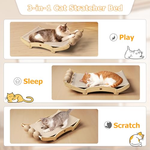 3 in 1 Sisal Cat Scratcher Bed, Solid Pine Cat Scratcher with Balls,Natural - color: Natural, size: Extra Large