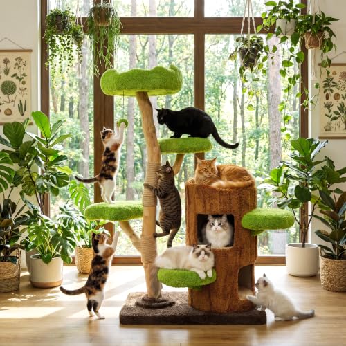KAMABOKO 57" Tall Indoor Cat Tree, Large Tower with 2 Condos & Sisal Scratching Pad - color: Deep Green