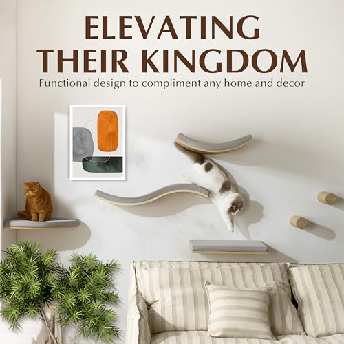 Extra Large 23.6”×14.6” CALLICO HAVEN- Stylish Cat Wall Shelves with Curved Design, Modern Wall-Mounted Cat Tree Hammock with Soft Cushion, Sturdy/Hidden Mounts, Washable Cover, Sleek Design -C Shape