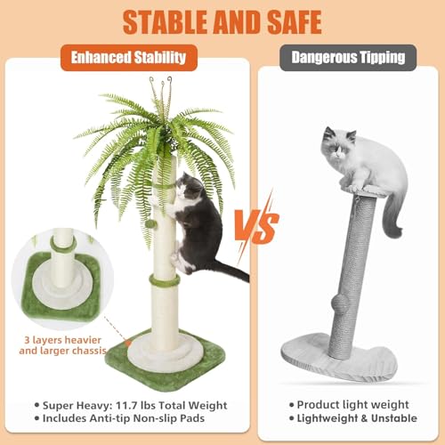 42" Tall Palm Tree Cat Scratching Post - Heavy Duty Coconut Cat Scratcher for Large Cats, Cute Green Sisal Rope Vertical Scratching Pole with Dangling Ball, Stable & Decorative Furniture (106cm)