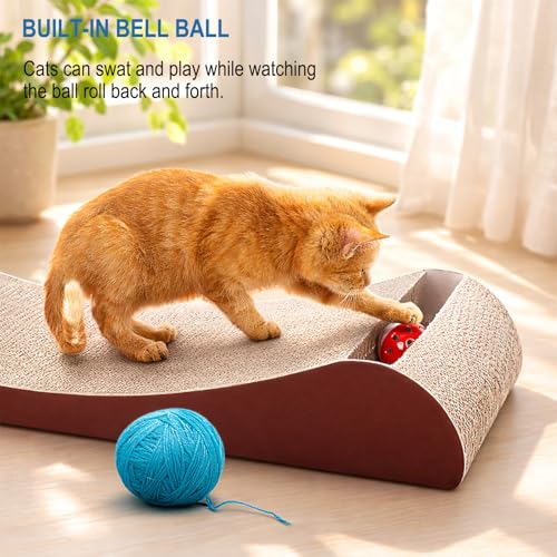 Simple Delxue Cat Scratcher Cardboard Lounge Bed with Bell Ball Toy, 30 Inches Large Horizontal Cat Scratcher Pad, 100% Recyclable & Reversible Durable Cardboard Scratching Board for Indoor Cats - color: Loubge Bed-Ball