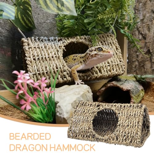 Hanging Reptile Hide Cave,Natural Seagrass Fiber Bearded Dragon Hammock Hideout,Reptile Shelter Sleeping Cave Swing Climbing Toys Terrarium Decor for Lizard Gecko Hermit Crabs(Triangle S) - size: Triangle S:7.87*3.94*3.94"