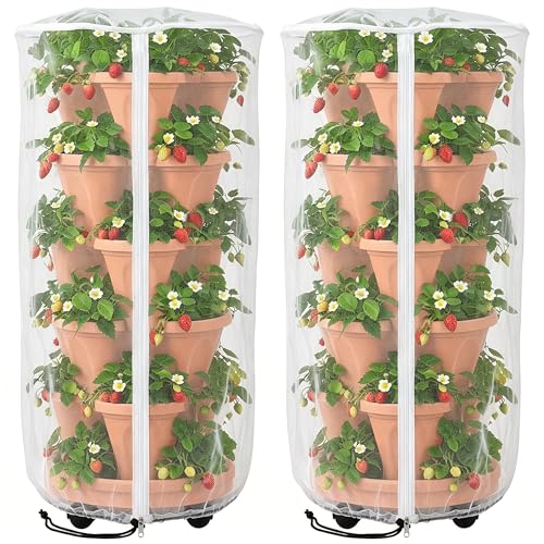 2 Pcs Vertical Plant Pot Insect Netting with Zipper, 39"x20" Stackable Planter Garden Net Cover, 3 to 5 Tier Planter Pot Insect Bird Barrier Protection Mesh for Strawberry Herb Flower Fruit Vegetable - color: 3 to 5 Tier
