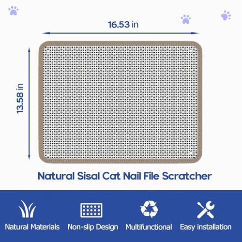 Cat Nail File Scratcher - Natural Sisal Scratch Mat with 80-Grit Aluminum Oxide, Adhesive Sheets & Expansion Screws for Secure Wall/Floor Mounting, Ideal for Trimming Cat Claws (16.53×13,.38)