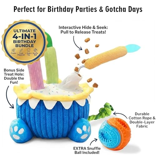 4-in-1 Dog Birthday Cake Toy, Interactive Snuffle Puzzle, Funny Dog Toys—Plush Squeaky Treat Dispenser with Cotton Rope, Hide ＆ Seek Enrichment Toy for Small/Medium/Large Dogs, Gotcha Day Party Gift