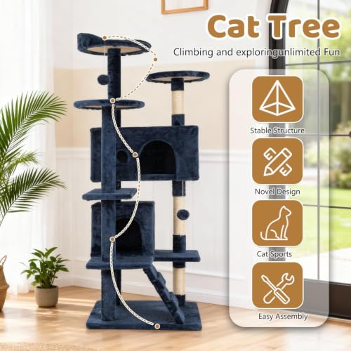 BestOffice 54" Cat Tree with Toy, Multi-Level Cat Tower Indoor Navy Blue - color: Navy Blue, size: 54 Inch