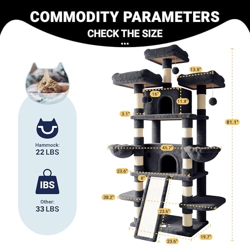 Allewie 82 Inches Large Cat Tree/House/XXL Tall Cat Towers for Big Feline/Scratching Post/Multi-Level Large Kitty Climbing Tree with Condo/Smokey Grey - color: Smoky Grey, size: 82 in
