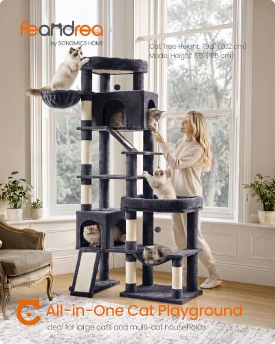 Feandrea Large Cat Tree, 79.5" Tall Sturdy Cat Tower for Indoor, Dark Gray - color: Dark Gray, size: 41.3"L x 17.7"W x 79.5"H
