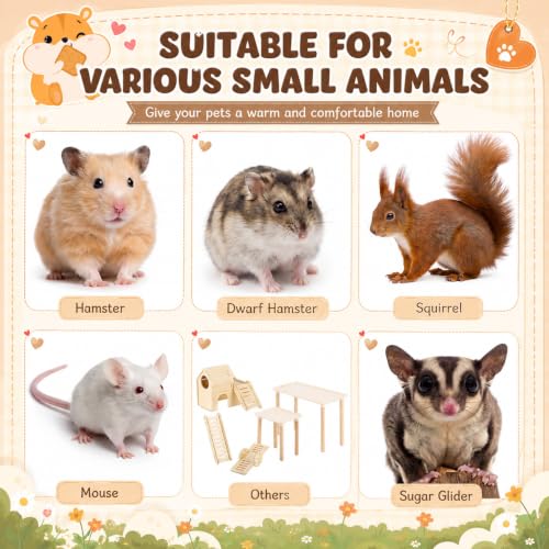 Novabright 5 Pcs Hamster Platform Playground Set, Wooden Hamster Hiding House Cage Accessories with Multi-Functional Platform, Seesaw, Ladder and Slide for Dwarf Syrian Hamsters, Gerbils, Mice