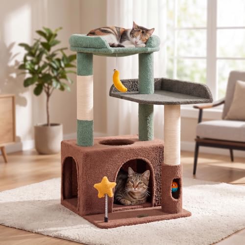 Small Cat Tree for Kittens, 30" Compact Cat Tower with Wide Base - color: Olive Green