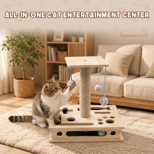 Cat Nail File Box, Solid Wood Cat Scratcher with Sandpaper & Enrichment Toy
