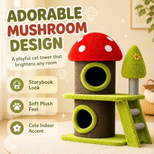 30.7 Inch Cute Mushroom Cat Tree Tower, Multi-Level Cat House with Sisal Scratching Post, Green Brown Cartoon Indoor Cat Furniture for Kittens & Multi-Cat Families - color: Style A